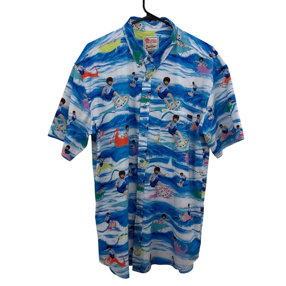 RSVLTS Shirt Mens XL Blue Bob Ross Surfing Short Sleeve Button Down Paint Art